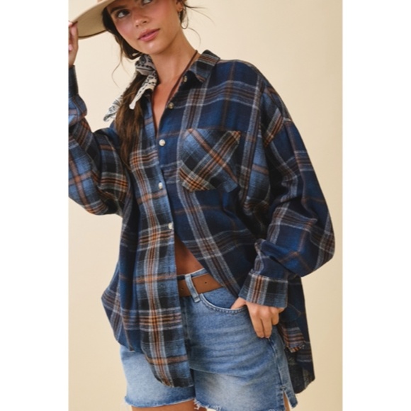 Navy Blue Kambrie Button Down Plaid Patchwork Flannel Casual Shirt - Picture 2 of 10